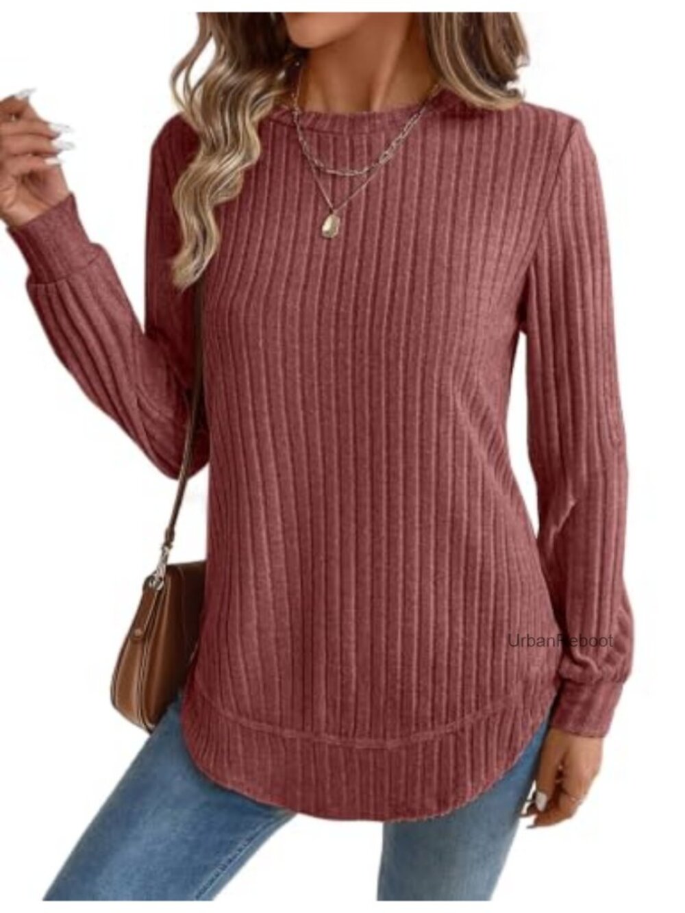 Women's Ribbed Knit Long Sleeve Tunic Sweater Crew Neck Loose Fit Pullover